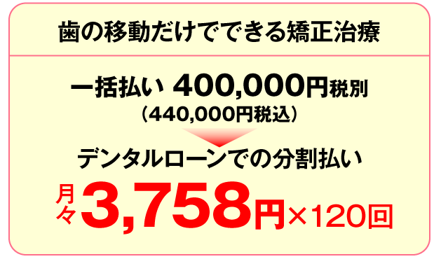 歯の移動だけでできる矯正治療 一括払い 400,000円税別（440,000円税込） デンタルローンでの分割払い 月々5,560円×84回